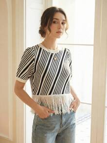 Knit Mix 女士休闲/通勤圆领条纹流苏短袖针织宽松T恤上衣（花卉印花随机）