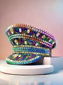 1 Peça Chapéu de Capitão Steampunk Brilhante de Poliéster com Strass, Chapéu Divertido para Mulheres e Homens, para Carnaval, Ano Novo, Dia dos Namorados, Gras, Chapéu de Cowboy, Bar, Halloween, Festival de Música, Dia de São Patrício, Inverno - Multicolorido - Visão 2