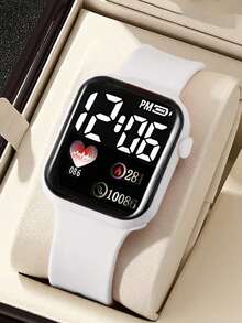 6pcs Minimalist LED Square Digital Watch & Silver Heart Pendant Necklace Earrings Ring Jewelry Set, Suitable For Daily Wear, Party, Campus, Valentine's Day Gift - White - View 6