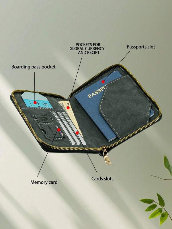 1 chiếc ví đựng hộ chiếu du lịch bằng da PU, chống RFID, đa chức năng, có khóa kéo, nhiều ngăn đựng thẻ.