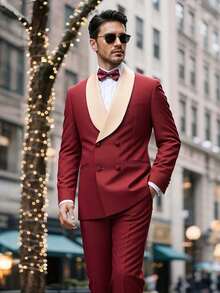 Men's Suit Shawl Lapel Double-Breasted Blazer & Pant Set - Formal 2-Piece Tuxedo With Wafer Knit Texture For Weddings & Black Tie Events - 酒紅色 - 查看 9