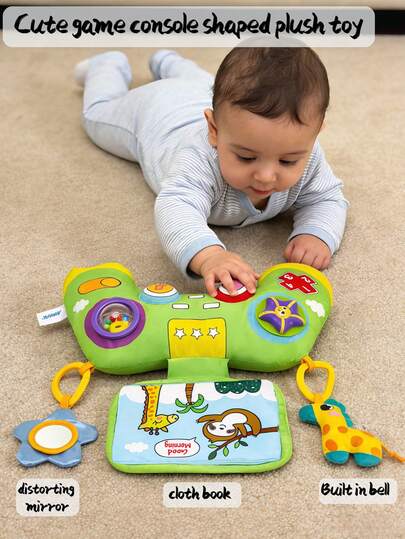 1个多功能新生儿感官毛绒娃娃，游戏手柄设计，内置摇铃、布书和趣味镜子，互动式感官刺激礼物，适合婴儿