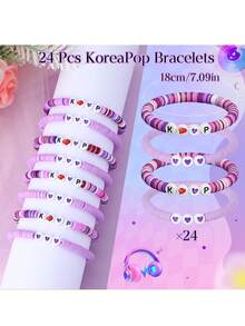 24 Pcs KoreaPop Bracelets For Women Kpop Merch Friendship Bracelets Fans Jewelry Gifts Birthday Cosplay Outfit Decor(The Letter P In The First Bracelet In The Picture Is Obscured By A Heart, And The Received Item Is K P Heart P)