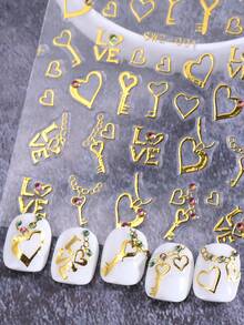 3D金色爱心水钻美甲贴纸2件装金属镂空甜心项链钥匙蝴蝶结链条粉色透明宝石饰品吊坠情人节美甲技巧女士女孩礼物DIY全息浪漫时尚婚礼节日自粘贴纸滑块美甲装饰用品 - 金色 - 查看 7