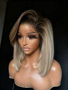 Short Ombre Ash Blonde 13x4 HD Transparent Straight Lace Frontal Wigs With Dark Roots Blonde Colored Glueless Bob Wig Human Hair For Women 250 Density Short Bob Wig Pre Plucked With Natural Hairline - Rooted&Ombre - Xem 2