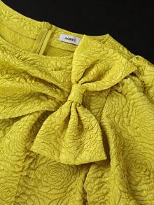 Plus Size Women Yellow Jacquard Elegant Long Dress With Bow Accent Puff Short Sleeve Curvy Dresses For Wedding Guest Formal Occasion - Yellow - View 7