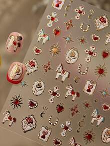 1 Stück Vintage Präge-Schaukelpferd, Stern, Mond, Herz Totem, Rose, Edelstein, Schloss, Hengst Nail Art Aufkleber, 5D mysteriöse elegante Nail Decals, selbstklebende Nail Art Dekorationen für Frauen Nägel Nagelbedarf - Verschiedenfarbig - Übersicht 2