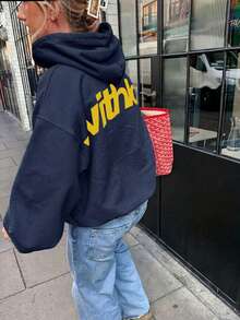 Y2K Style Cute Letter Print Pullover Sweatshirt For Women, Long Sleeve Pocket Casual Sweatshirt, 2026 Autumn New Arrival - Navy Blue - View 3