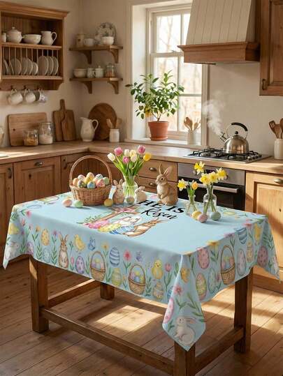 1件装水彩复活节桌布 – “祂已复活”宗教设计，饰有兔子、彩蛋和春花 | 抗皱易清洁，耐用涤纶面料 | 室内用餐、户外派对和基督教家庭聚会的理想之选