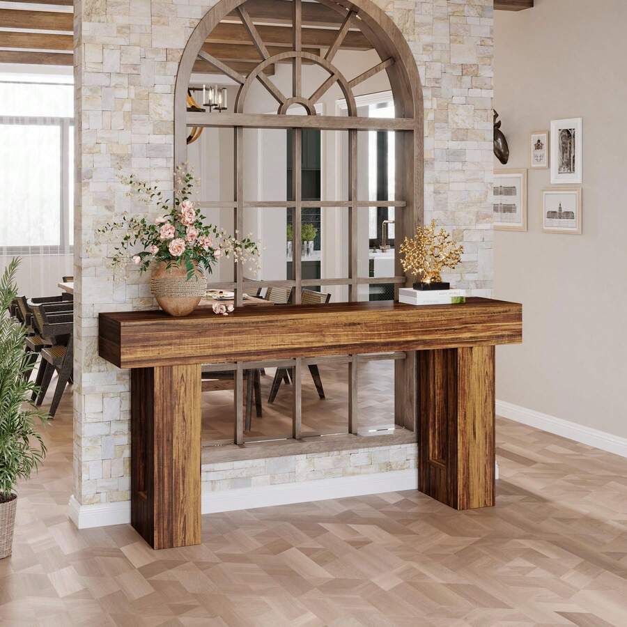 LITTLE TREE Mesa consola de 160 cm de alto en estilo rústico, mesa de centro rectangular de madera, ideal para entrada, pasillo y salón, estructura robusta, fácil montaje. - Marrón - Ver 1