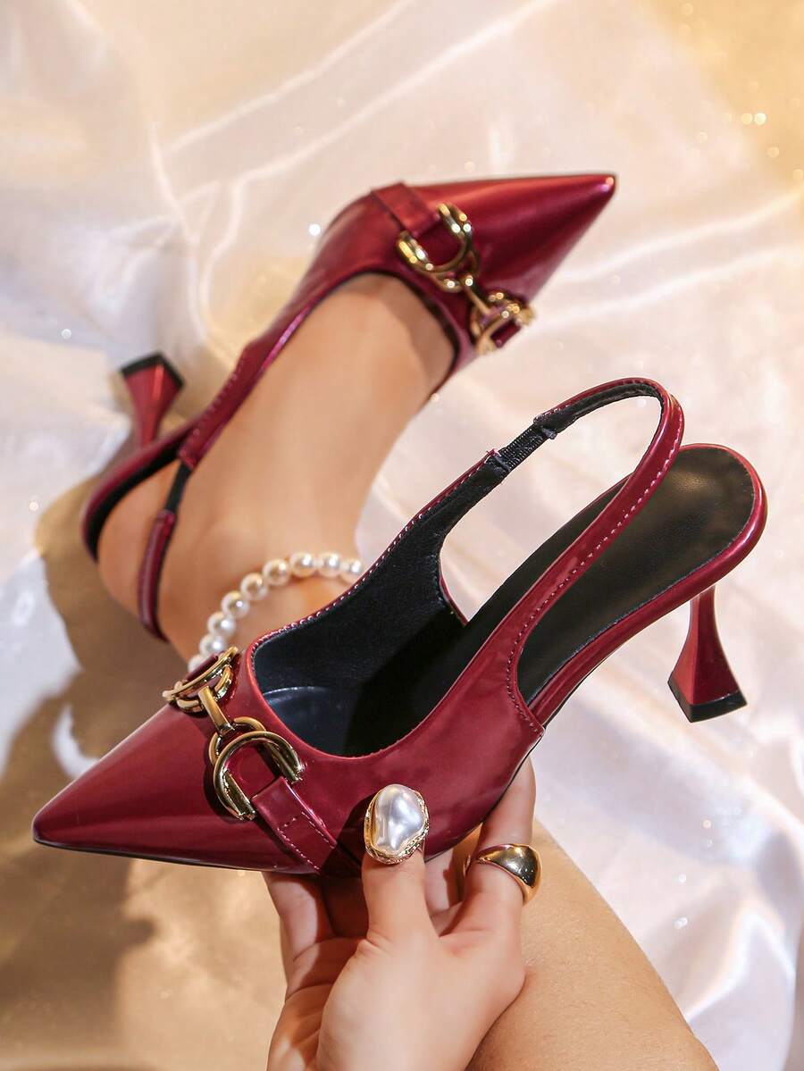 Women's Pointed Toe Stylish Party Metal Buckle High Heel Pumps - Bordeaux - View 1