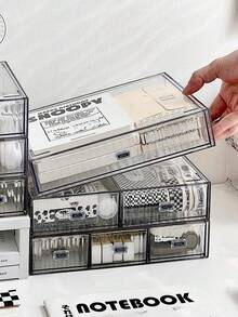 1pc Desktop Transparent Striped Drawer Style Student Stationery Dust-Proof Storage Box, Stackable Makeup & Miscellaneous Items Organizer - Multicolor - View 4