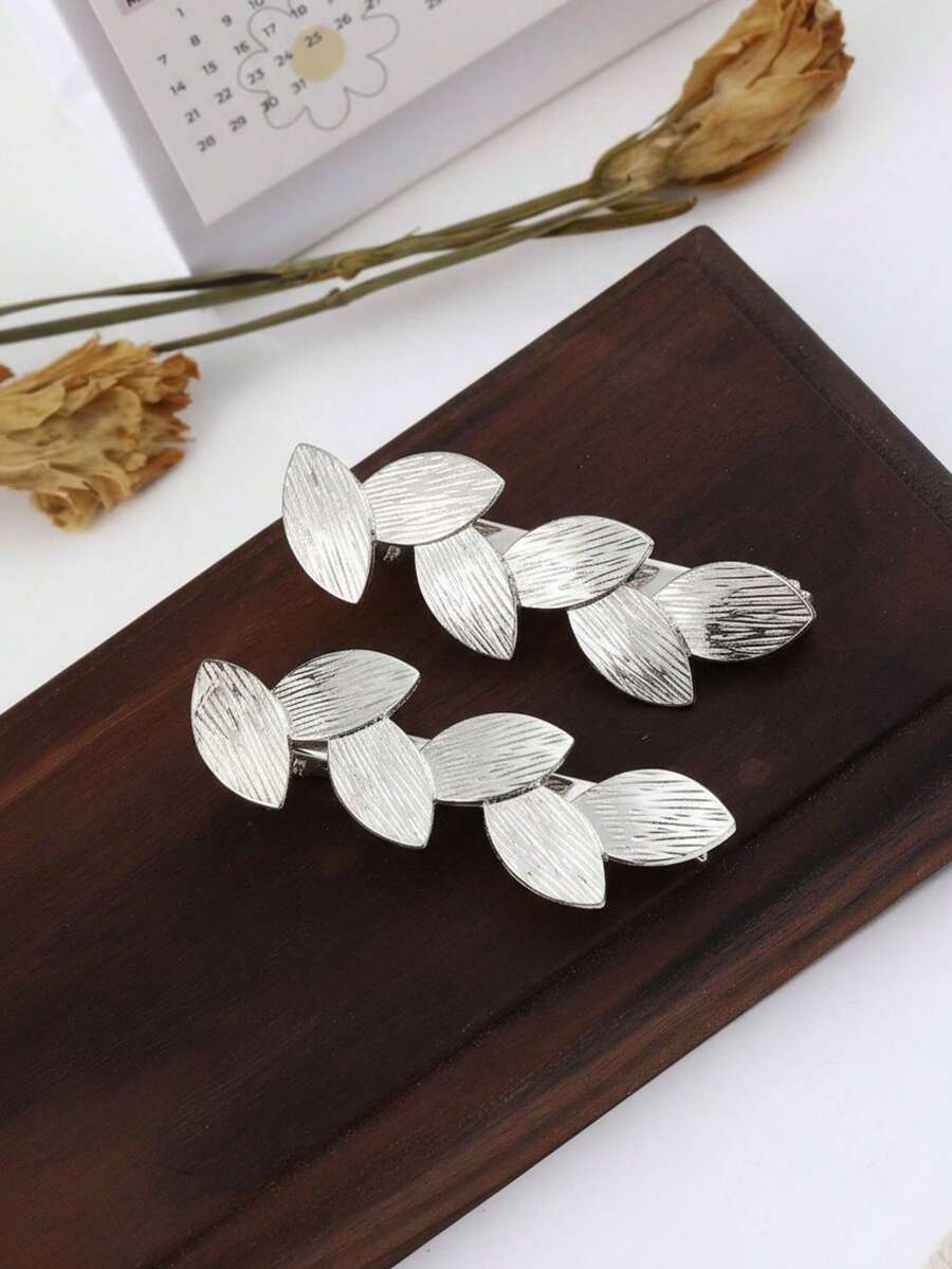 2pcs Metal Textured Leaf Clamp Minimalist Versatile Side Hair Accessories, Zinc Alloy, Claw Clips, Hair Slide, Hair Barrettes, Head Accessories, Hairpin,Summer,Holiday,Travel,Hair Clip,Party - Multicolor - View 1