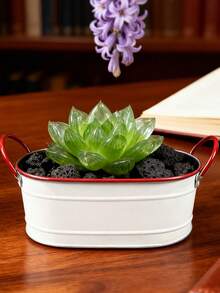 白色和红色椭圆形铁艺花盆，配有双提手和条纹装饰。椭圆形盆身搭配条纹纹理，双提手设计方便移动，整体风格简约而不失复古趣味。适合种植多肉植物、小型盆栽，兼具美观与实用性。 - 白色 - 查看 2