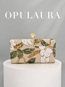 OpulAura 1件复古花卉手提包，时尚亮片刺绣花朵链条单肩包，迷你盒形钱包，适合派对女孩、新娘、新婚夫妇和上班族女性，可用于派对、婚礼、工作、商务旅行、户外活动和通勤。 - 杏色 - 查看 9