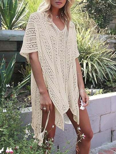 大码波西米亚风轻薄性感不对称镂空针织罩衫，宽松长款镂空钩针沙滩罩衫，夏季度假必备