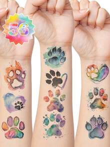 10 Hojas de Tatuajes Temporales de Huella de Acuarela Vibrante - Pegatinas Coloridas de Huella de Mascota para Cara & Body, Decoración de Piel con Tema de Cachorro Lindo para Adultos, Ideal para Recuerdos de Fiesta & Accesorios Diarios - Multicolor - Ver 1