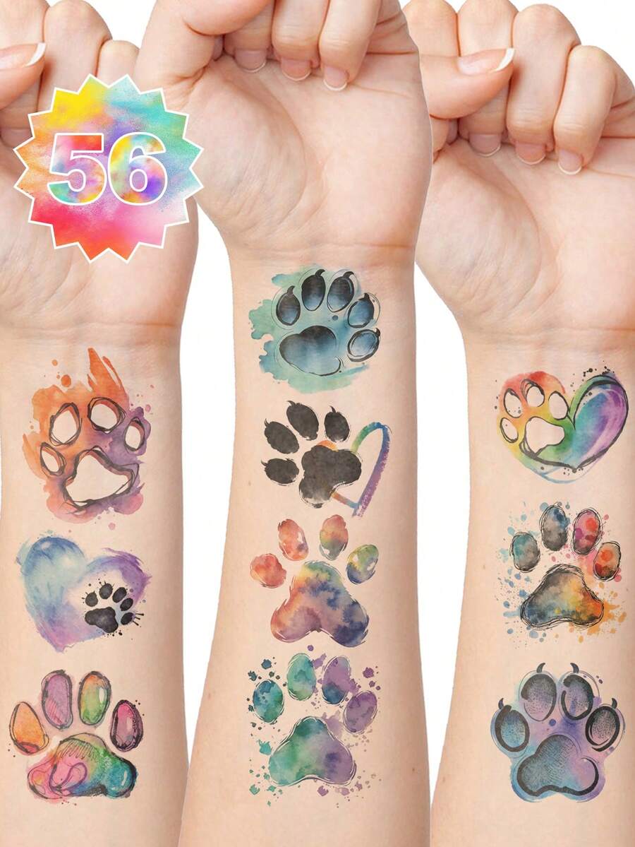 10 Hojas de Tatuajes Temporales de Huella de Acuarela Vibrante - Pegatinas Coloridas de Huella de Mascota para Cara & Body, Decoración de Piel con Tema de Cachorro Lindo para Adultos, Ideal para Recuerdos de Fiesta & Accesorios Diarios - Multicolor - Ver 1