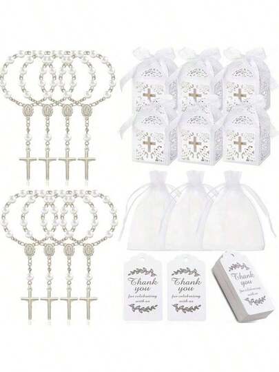 120pcs Baptism, Welcome Party, Wedding, First Communion Decoration Set, Includes 30 Mini Beads, 30 Cross-Shaped Boxes, 30 Gift Bags, 30 Kraft Paper Thank You Tags, Plastic Material, Suitable For Weddings, Welcome Parties, Baptisms, First Communions, All Seasons