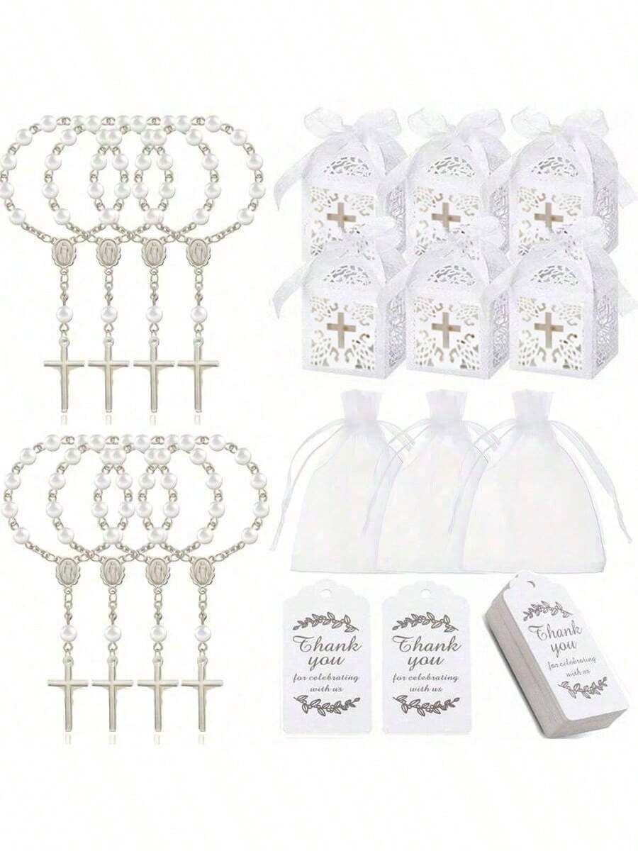 120件套洗礼、迎新派对、婚礼、初领圣体装饰套装,包含30颗迷你珠子、30个十字形盒子、30个礼品袋、30张牛皮纸感谢卡,塑料材质,适用于婚礼、迎新派对、洗礼、初领圣体等各种场合,四季皆宜。 - 彩色 - 查看 1