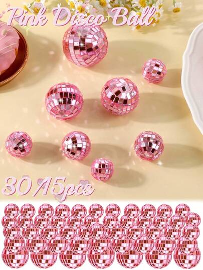 30/15/1pc-Pink Disco Ball , Cake Decorations, 4 Sizes Disco Ball Decor, 70s Disco Theme Party Supplies, Disco Balls Cupcake Topper For Disco Music Dance Decoration Baby Shower Party Decorations, DIY Laser Ball Party Favors/15/1