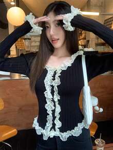 New Lace Patchwork Trim Fitted Long Sleeve Knit Top, Women's Spring/Autumn Undershirt - Black - View 1