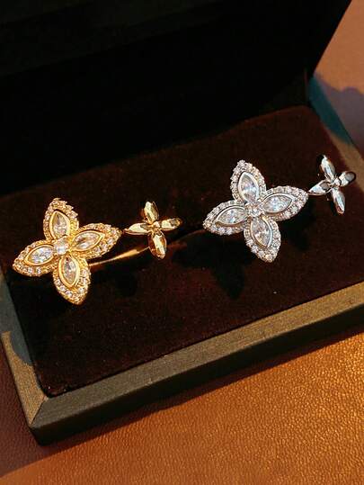 1 pièce Bague fleur de trèfle de luxe à la mode, bague ouverte en cuivre vintage élégante avec zirconium, convient pour le port quotidien, les fêtes, les festivals, les sorties, les anniversaires, en tant que cadeau de bijoux ou cadeau quotidien pour les femmes