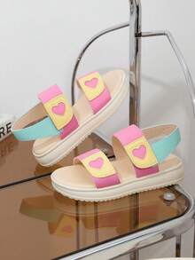 1 Pair Girls' Summer Flat Sandals, Heart Stitching Design, Colorblock, Hook And Loop Closure, Round Toe Slip-On Flats, Suitable For Beach, Vacation, Daily Wear - Multicolor - View 4