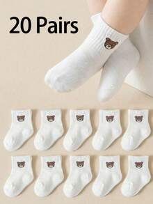 20/10/5 双装白色婴儿船袜，可爱小熊图案，男女童通用，柔软透气，弹性防滑袜口，适合日常穿着，0-36 个月，适合日常穿着和开学季，婴儿袜，幼儿袜，船袜，小熊袜，运动袜，开学季礼物，儿童衣橱系列 - 彩色 - 查看 7