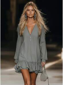 Magic Mia Women's Gray Mini Dress - Classic Neckline With Long Sleeve & Ruffled Hem Detail | Comfortable Silhouette For Weekend Brunch, Coffee Dates & Casual Hangouts | Stylish Pick For Shopping Trips, Outdoor Strolls & Evening Meetups (Chic & Effortless) For Laid-Back Polished Looks - Xám - Xem 4