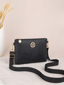1件装女士时尚黑色绗缝斜挎包，配有可调节金色M字Logo肩带，休闲日常单肩包，轻便拉链手拿包 - 黑色 - 查看 2