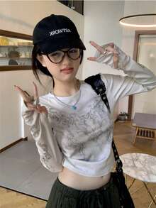 New Women's Printed Short T-Shirt, Slim Fit Long Sleeve Design Top, Spring/Autumn - Beige - View 1