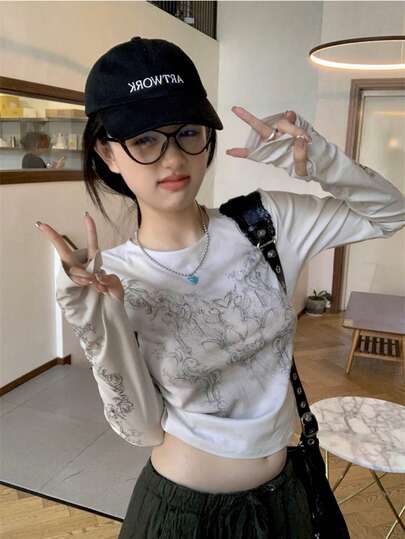 新款女士印花短袖T恤，修身长袖设计，春秋季款