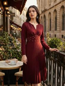 Đầm dài tay cổ chữ V xẻ tà, viền xếp ly, đính pha lê thanh lịch - Màu Đỏ Sâu - Xem 2