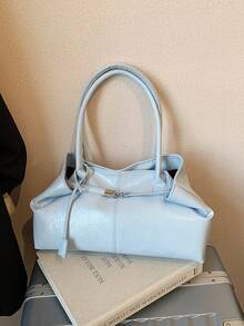 1个女士大容量手提包，PU皮革单肩包，休闲经典简约设计师商务风格包，时尚女士通勤包，黑色、白色、棕色、银色 - 霧霾藍 - 查看 5