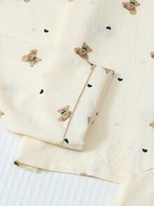 两件套泰迪熊印花睡衣套装，甜美可爱翻领纽扣长袖上衣和裤子，女士家居睡衣，秋冬款 - 杏色 - 查看 5