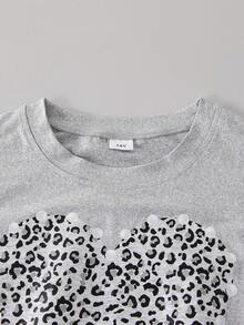 13-16岁少女豹纹爱心印花两件套，无袖豹纹爱心图案上衣和豹纹迷你裙套装 - 灰色 - 查看 10