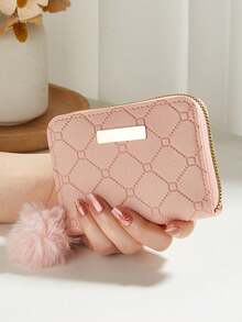 1pc Diamond Quilted Embroidered Coin Purse With Sequin Decor & Fluffy Pom Pom Charm, Cute & Sweet Handbag Suitable For Daily Use And Gift - Multicolor - View 8