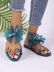 2026新款女士时尚圆头平底人字拖，简约金属装饰，黑色镂空蝴蝶结，百搭个性加大码女士休闲街头沙滩透气舒适平底拖鞋，沙滩旅行必备 - 藏蓝色 - 查看 9