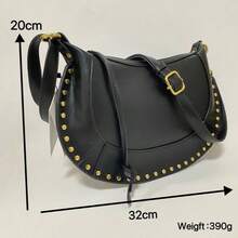 Retro Cross-Border Handbag With A Studded Design, Genuine Leather Shoulder Bag, Fashionable Handbag With Individual Character. ISFrench Retro Cross-Border Studded Classic Crescent Bag Genuine Leather Crossbody Bag Personality Fashion Handbag - 黑色 - 查看 2