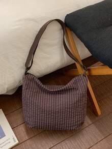 Korean & Japanese Style Plaid Print Fabric Women's Casual Versatile One Shoulder Bag, Front Double Pockets, Lightweight Foldable Zipper Closure Adjustable Long Strap, Suitable For Daily Use, School/College Students, Simple & Cute, Crossbody Bag For Shopping - Multicolor - View 13