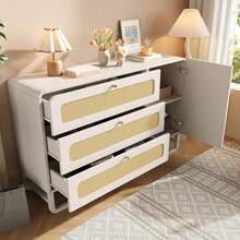 White Rattan Chest Of Drawers With Gold Handles, Country Style, With 3 Drawers And 1 Door, Height-Adjustable Shelves And Anti-Tip Device, 120x85x40 Cm (W/H/D)