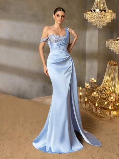 Faeriesty Vestido de noche elegante de un solo hombro con adornos para mujer, diseño de abertura alta, vestido formal ajustado adecuado para eventos formales, fiestas de etiqueta negra, galas, bodas y celebraciones de Año Nuevo de lujo.