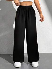 Pantalones deportivos casuales con cordón de unicolor para mujer - Negro - Ver 2