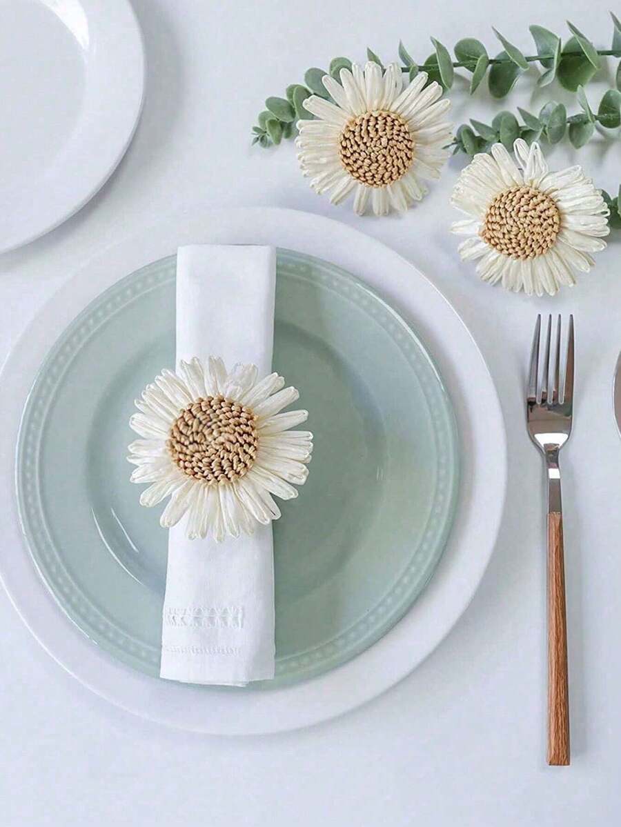 2-12个手工人造雏菊餐巾环，编织餐巾架，适用于餐桌、婚礼、家庭聚会（向日葵） - 彩色 - 查看 1