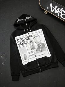 Men's Y2K Letter Print Zip Hoodie / Cargo Pants Streetwear Oversized Pullover And Joggers - 黑色上衣 - 查看 5