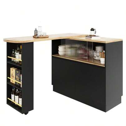 (N620P20771617W) 360° Rotating Dining Bar (Main Body Dimensions: 90 X 45 X 100 Cm), Modern, Simple And Multifunctional. Rotating Sideboard With Shelves And Glass Top, Ideal For Kitchens And Restaurants.