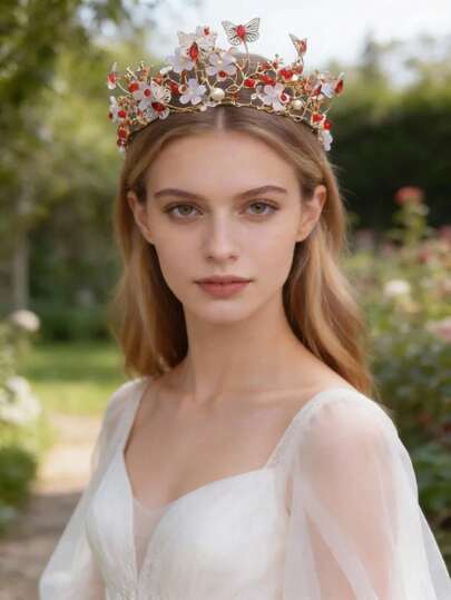 Bride Woodland Style Butterfly & Flower Crown, Red Crystal Pearl Gold-Plated Hair Accessory, Vintage Princess Baroque Crown For Wedding