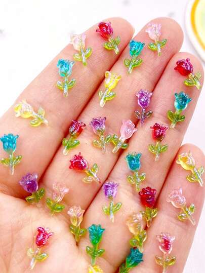 50pcs Resin Random Mixed Color Packaging Colorful Glitter Gradient Transparent Mini Rose Flat Back Rhinestone Rose Flower Stickers Stud Earrings Scrapbooking Craft Supplies