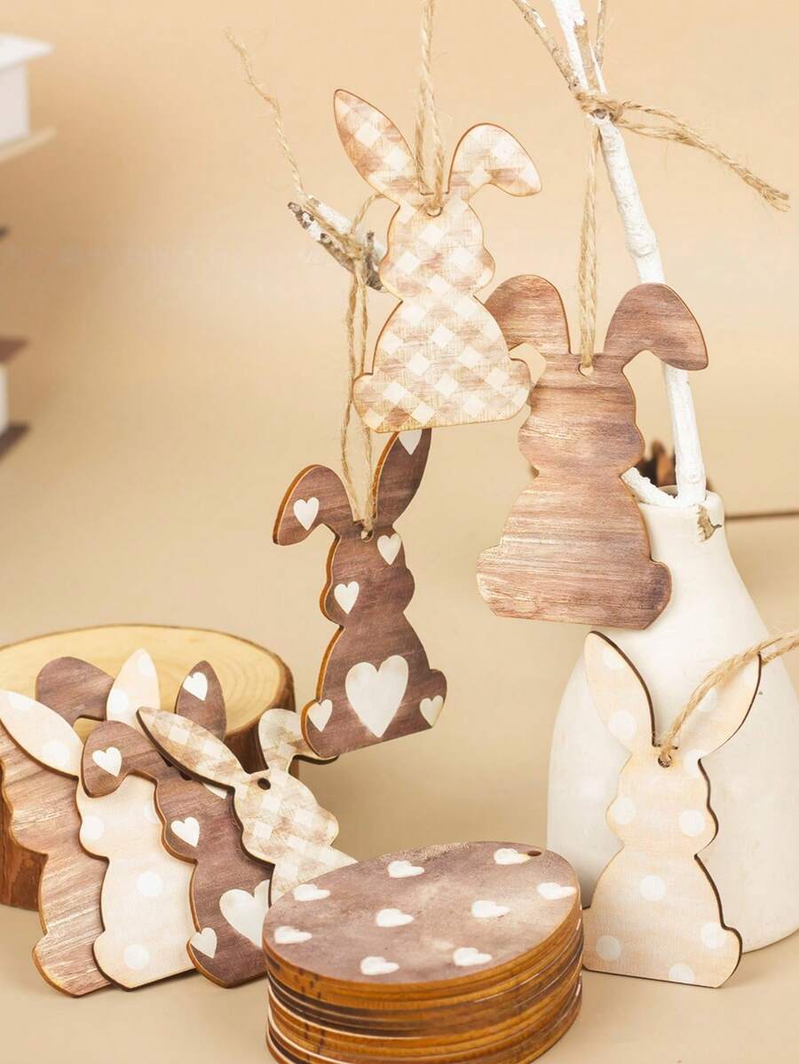 Bộ 20 món đồ trang trí treo bằng gỗ chủ đề Lễ Phục Sinh | Hình thỏ và trứng mộc mạc, trang trí bằng dây gai | Vật trang trí để bàn và treo tường, tự làm đồ trang trí nhà mùa xuân | Lễ Phục Sinh - A - Xem 1
